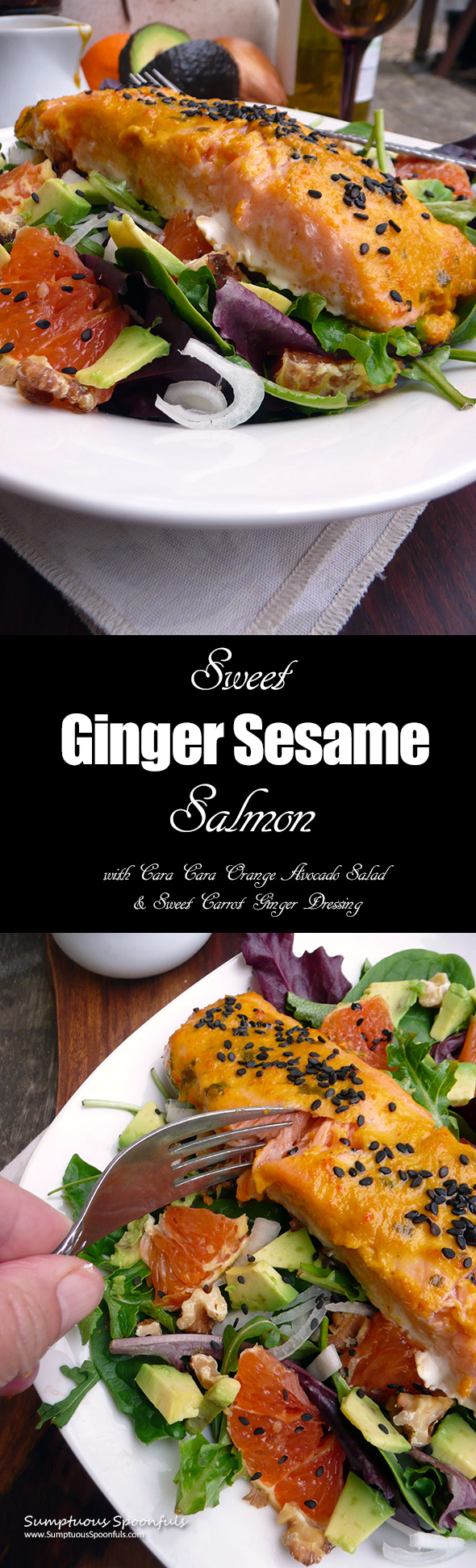 Sweet Ginger Sesame Salmon with Cara Cara Orange Salad ~ bursting with citrus and ginger flavors, this flavorful salmon is ready in minutes!