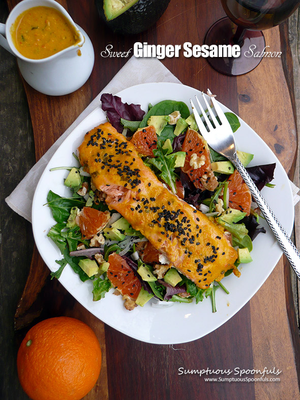 Sweet Ginger Sesame Salmon with Cara Cara Orange Salad ~ bursting with citrus and ginger flavors, this flavorful salmon is ready in minutes!