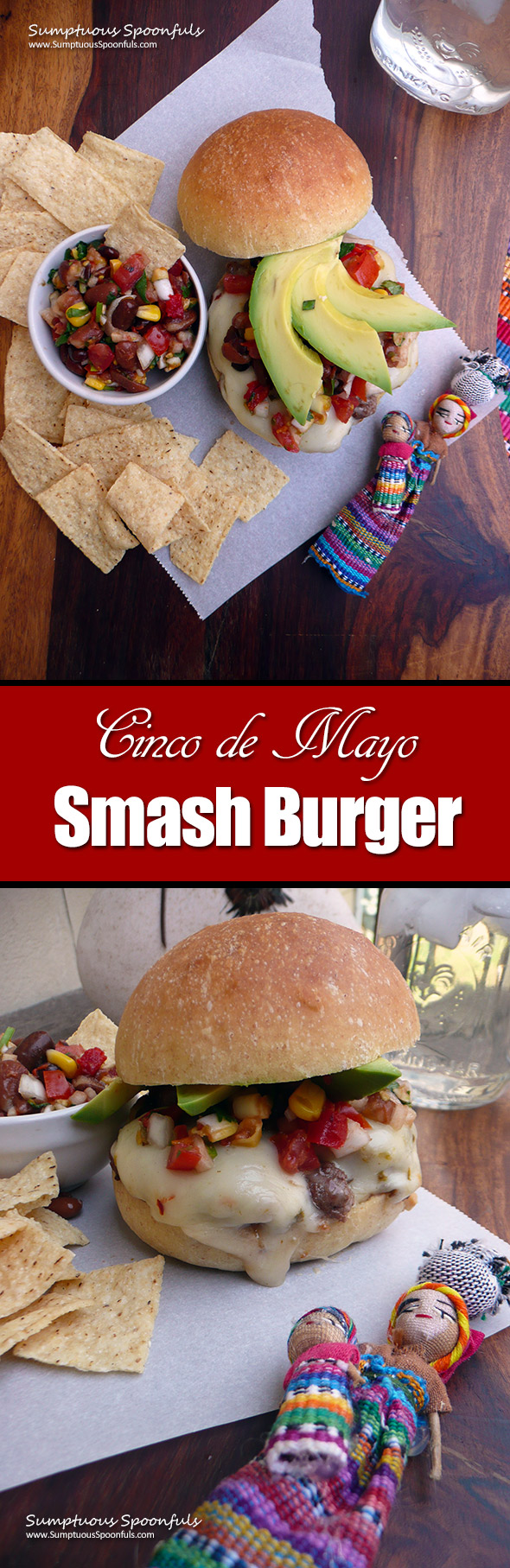 Cinco de Mayo Smash Burger ~ Quick Easy Smash Burgers with a Mexican twist! Top off your burger with pepper jack cheese, cowboy caviar and avocado and you have yourself a burger worth celebrating!