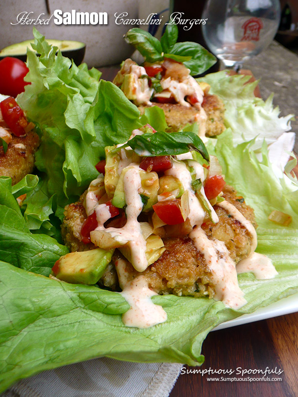 Herbed Salmon Cannellini Burgers with Basil Artichoke Avocado Salsa & Harissa Aioli