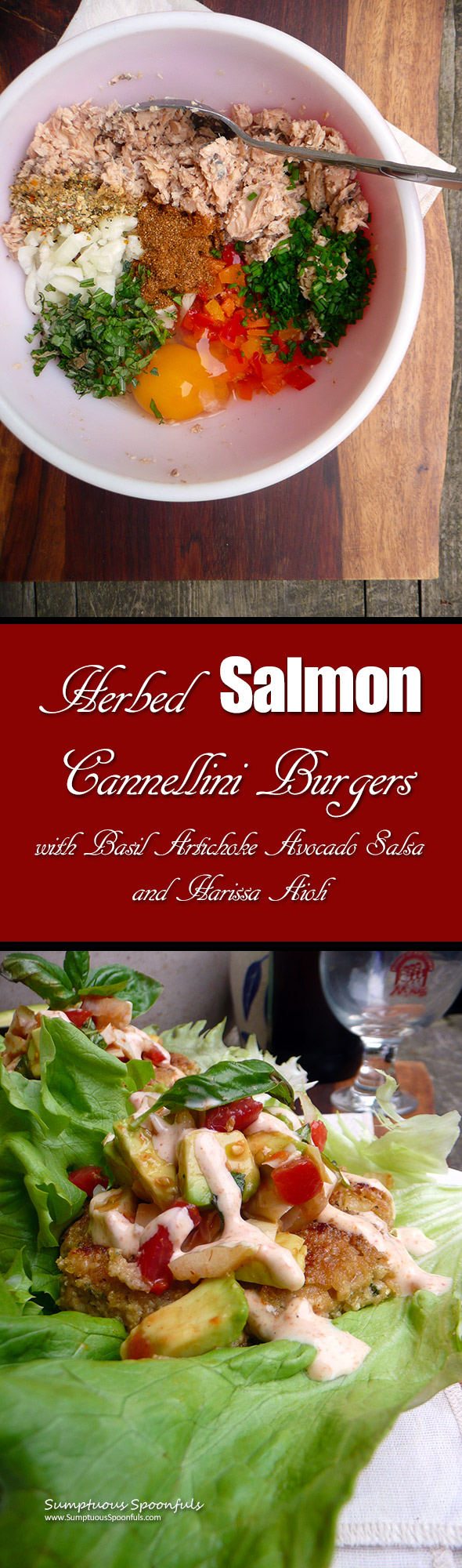 Herbed Salmon Cannellini Burgers with Basil Artichoke Avocado Salsa & Harissa Aioli