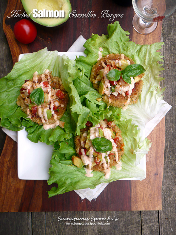 Herbed Salmon Cannellini Burgers with Basil Artichoke Avocado Salsa & Harissa Aioli