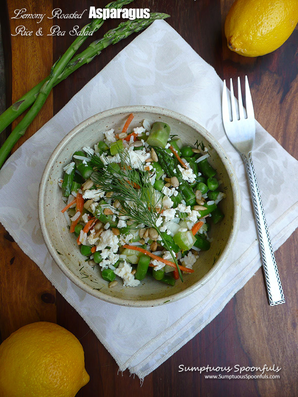 Lemony Roasted Asparagus Rice & Pea Salad ~ A beautiful tasty salad that just screams spring! Roasted asparagus, peas, celery, carrot, sweet onion and fresh dill with a bright lemony vinaigrette