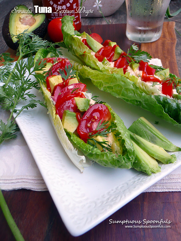 Sriracha Tuna Lettuce Wraps ~ tuna salad takes on a whole new life with the kick of Sriracha, then tucked into crunchy lettuce with tomato & avocado