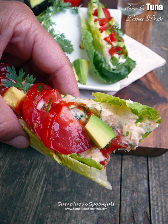 Sriracha Tuna Lettuce Wraps ~ tuna salad takes on a whole new life with the kick of Sriracha, then tucked into crunchy lettuce with tomato & avocado