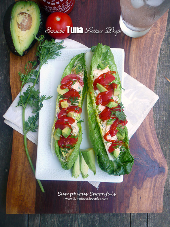 Sriracha Tuna Lettuce Wraps ~ tuna salad takes on a whole new life with the kick of Sriracha, then tucked into crunchy lettuce with tomato & avocado