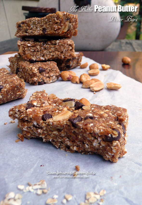 No Bake Peanut Butter Power Bars ~ 10 minutes to mix up this healthy snacking bliss! High in protein and fiber, only 106 calories in each little bar!