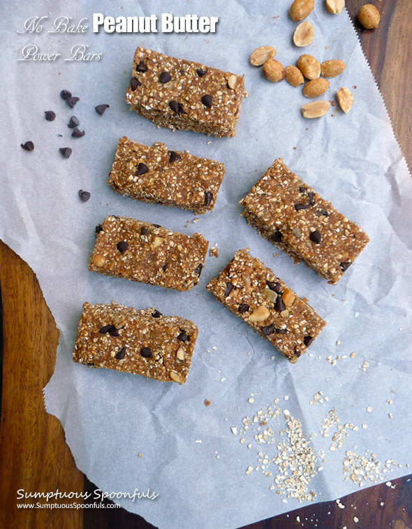 No Bake Peanut Butter Power Bars ~ 10 minutes to mix up this healthy snacking bliss! High in protein and fiber, only 106 calories in each little bar!