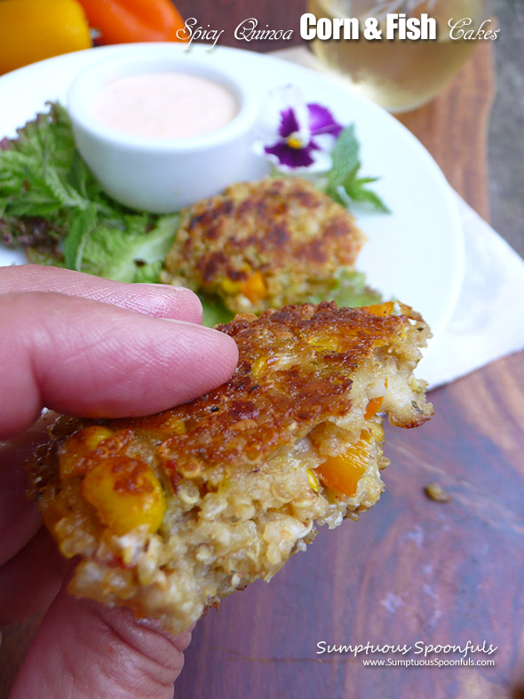 Spicy Quinoa Corn & Fish Cakes ~ The BEST way to use up leftover fish! These spicy quinoa corn & fish cakes taste like amazing crab cakes but they are made with leftove breaded fish. SO good with a lively dipping sauce.