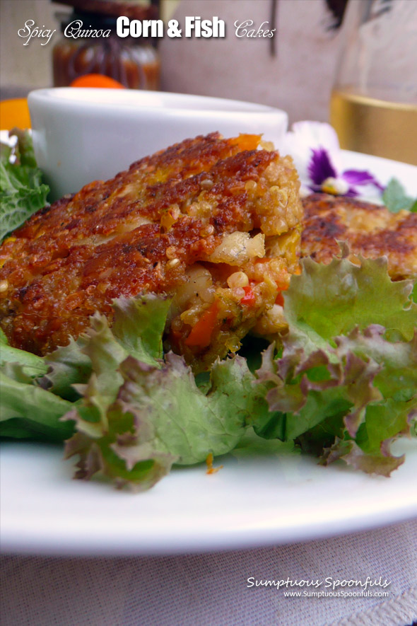 Spicy Quinoa Corn & Fish Cakes ~ The BEST way to use up leftover fish! These spicy quinoa corn & fish cakes taste like amazing crab cakes but they are made with leftove breaded fish. SO good with a lively dipping sauce.