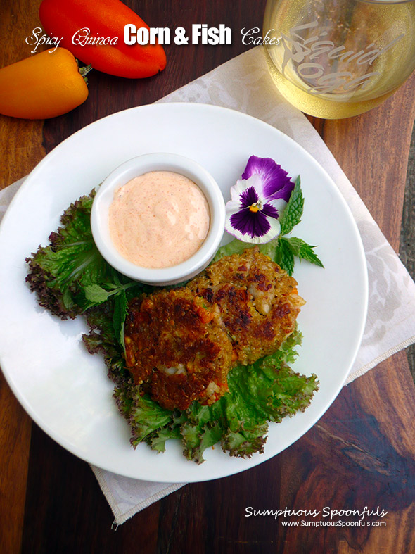 Spicy Quinoa Corn & Fish Cakes ~ The BEST way to use up leftover fish! These spicy quinoa corn & fish cakes taste like amazing crab cakes but they are made with leftove breaded fish. SO good with a lively dipping sauce.