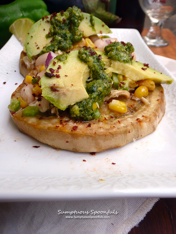 Chicken Tacos with White Bean & Corn Salsa, Cilantro Pesto & Eggplant Taco Shells