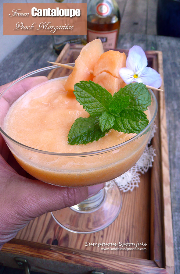 Frozen Cantaloupe Peach Margaritas ~ The taste of summer in a delightful fruity frozen margarita that's surprisingly creamy.