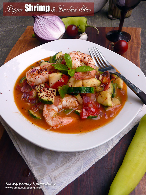 Pepper Shrimp & Zucchini Stew ~ colorful, flavorful and just a hint spicy, this shrimp stew will warm your soul.