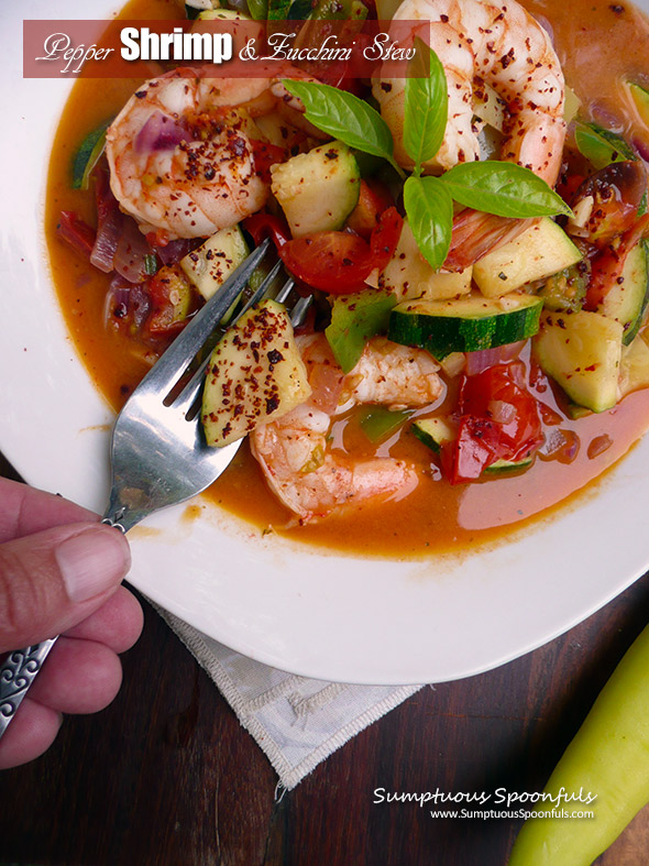 Pepper Shrimp & Zucchini Stew ~ colorful, flavorful and just a hint spicy, this shrimp stew will warm your soul.