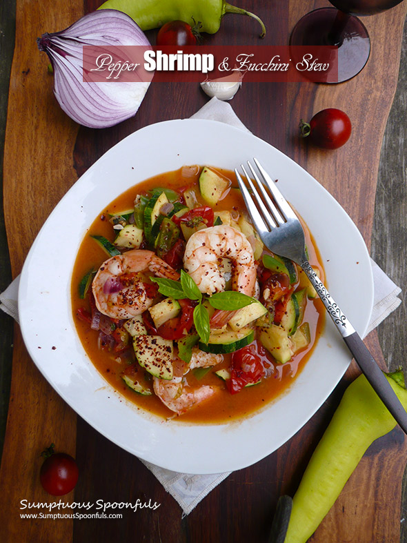 Pepper Shrimp & Zucchini Stew ~ colorful, flavorful and just a hint spicy, this shrimp stew will warm your soul.