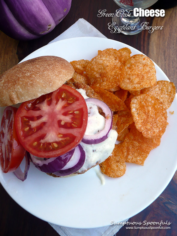 Green Chile Cheese Eggplant Burgers ~ A veggie burger your taste buds will LOVE!