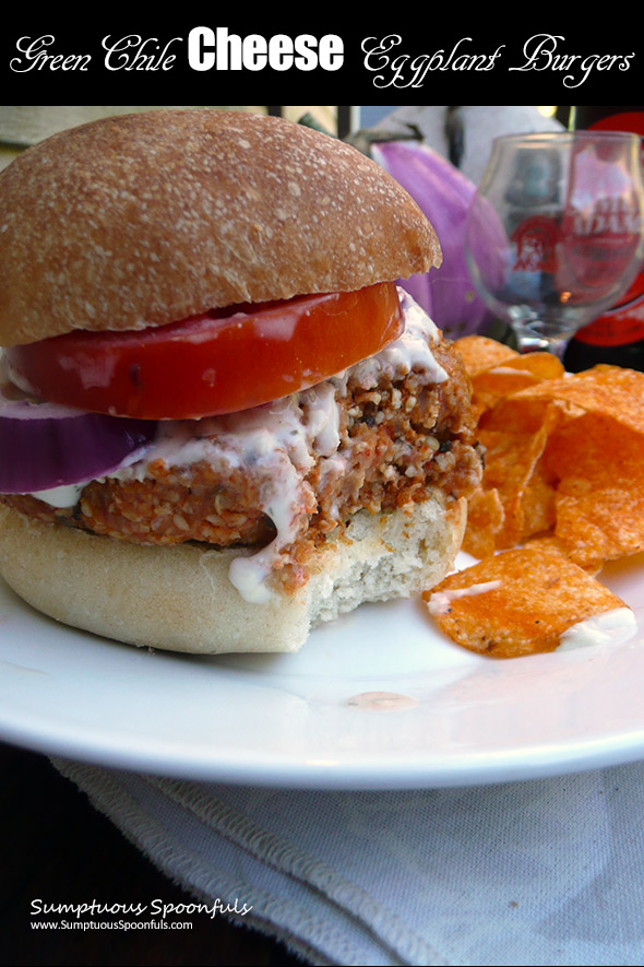 Green Chile Cheese Eggplant Burgers ~ A veggie burger your taste buds will LOVE!