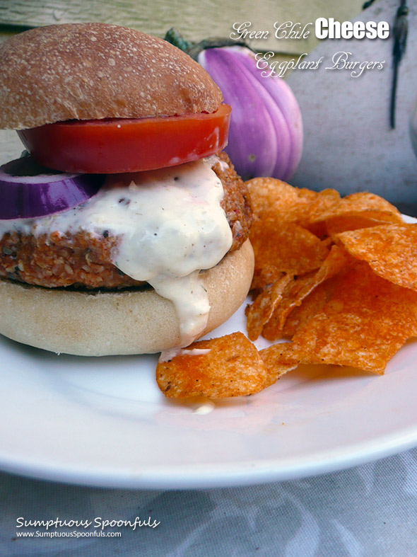 Green Chile Cheese Eggplant Burgers ~ A veggie burger your taste buds will LOVE!