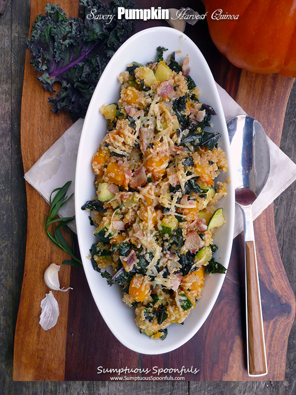 Savory Pumpkin Harvest Quinoa in an oval shaped white bowl. 