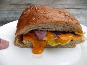 Ham & Cheese Breakfast Sandwich on Toasted Gruyere-Basil French Bread