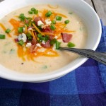 Cheddar Blue Cheese Baked Potato Soup ~ Sumptuous Spoonfuls #potato #soup #recipe