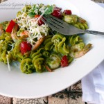 Cilantro Almond Pesto Shrimp Pasta with Tomato & Asiago ~ Sumptuous Spoonfuls #quick #pasta #recipe