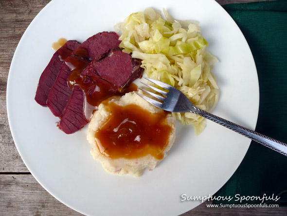 Irish Ale Corned Beef & Butter Braised Cabbage with Bacon Buttermilk Mashed Potatoes & Gravy ~ Sumptuous Spoonfuls #corned #beef #recipe