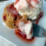 Strawberry Rhubarb Yogurt Cake with Strawberry Rhubarb Rum Sauce ~ Sumptuous Spoonfuls #cake #recipe