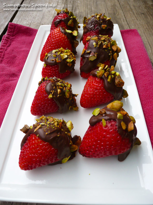 Chocolate Mascarpone Truffle Stuffed Strawberries with Pistachios ~ Sumptuous Spoonfuls #chocolate #strawberry #recipe