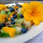 Minted Honeydew Blueberry Walnut Salad w Edible Flowers ~ Sumptuous Spoonfuls #fruit #salad #recipe