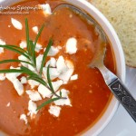 Roasted Eggplant & Tomato Soup with Fresh Herbs & Goat Cheese ~ Sumptuous Spoonfuls #tomato #soup #recipe