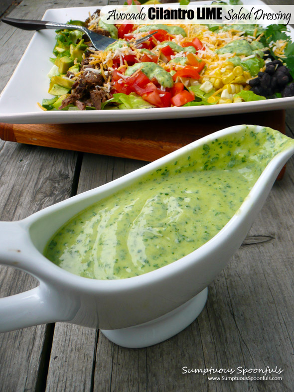 Avocado Cilantro Lime Salad Dressing ~ Sumptuous Spoonfuls #salad #dressing #recipe