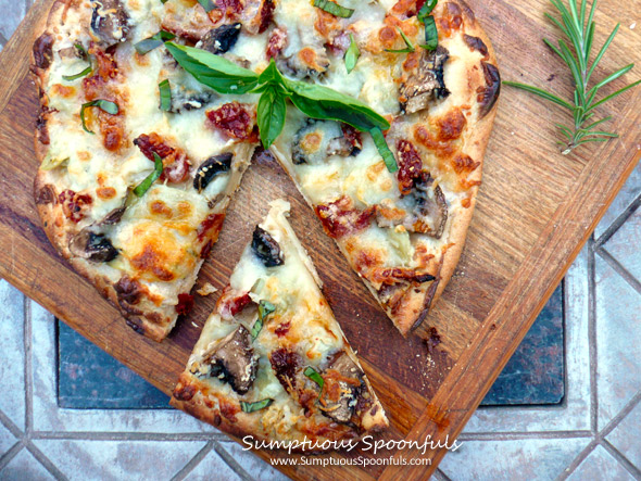 Mushroom Artichoke Sundried Tomato Ranch Pizza ~ Sumptuous Spoonfuls #pizza #recipe