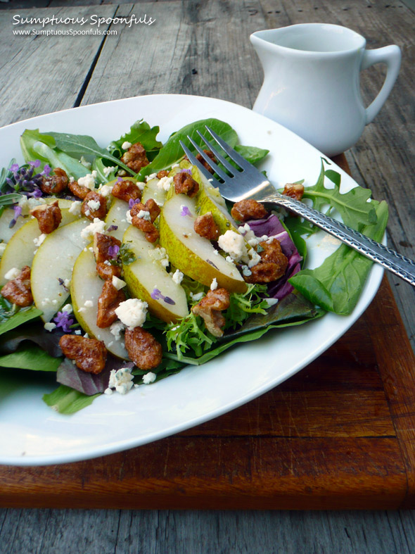 Pear, Blue Cheese & Candied Walnut Salad with Lavender Vinaigrette ~ Sumptuous Spoonfuls #salad #recipe
