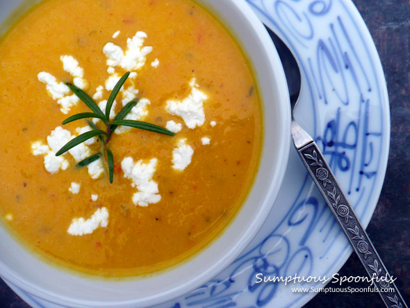 Rosemary Butternut Soup with Goat Cheese ~ Sumptuous Spoonfuls #soup #recipe