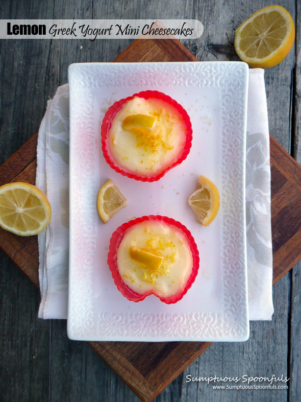 Lemon Greek Yogurt Mini Cheesecakes ~ Delightful mini-cheesecakes made healthy with Greek yogurt. #Glutenfree treats from Sumptuous Spoonfuls