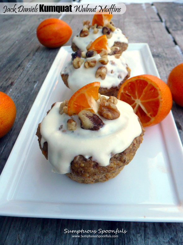 Jack Daniels Kumquat Walnut Muffins w Heavenly Cream Cheese Frosting ~ Sumptuous Spoonfuls #healthy #cupcake #recipe