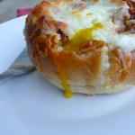 Baked Eggs Bolognese in Brioche Bread Bowls ~ Sumptuous Spoonfuls #eggs #breakfast #recipe