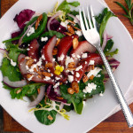 Red Wine Poached Pear Salad with Goat Cheese, Cinnamon Roasted Almonds and a Red Wine Pear Vinaigrette ~ Sumptuous Spoonfuls #elegant #pear #salad #recipe