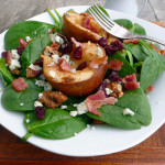 Maple Roasted Pear & Bacon Salad with cranberries, candied walnuts & blue cheese and a maple dijon white wine vinaigrette ~ Sumptuous Spoonfuls #roasted #pear #bacon #salad #recipe