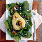 Blueberry Poached Pear Salad with Candied Walnuts, Blue Cheese & a Raspberry Malbec Vinaigrette ~ Sumptuous Spoonfuls #gourmet #pear #salad #recipe