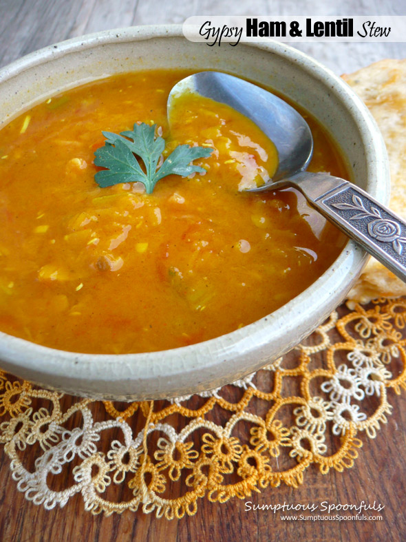 Gypsy Ham & Lentil Stew ~ Sumptuous Spoonfuls #leftover #ham #lentil #soup #recipe