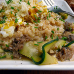 Zucchini Taglietelle with Wild Mushroom, Cheesy Quinoa & Egg ~ Sumptuous Spoonfuls #healthy #breakfast #morel #mushroom #vegetarian #recipe