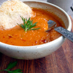 Harissa Tomato Soup with Cheese Crisps ~ Sumptuous Spoonfuls #harissa #tomato #soup #recipe