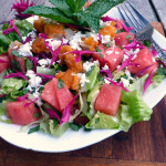 Watermelon, Mint & Feta Salad with Chicken, Bee Balm & a Honey Lime Margarita Vinaigrette ~ Sumptuous Spoonfuls #refreshing #summer #salad #recipe