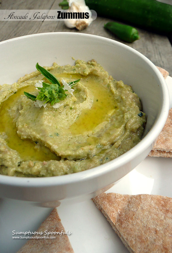 Avocado Jalapeno Zummus ~ Sumptuous Spoonfuls #spicy #zucchini #hummus #recipe