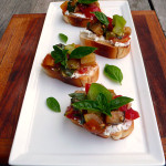 Roasted Eggplant & Heirloom Tomato Bruschetta ~ Sumptuous Spoonfuls #summer #tomato #appetizer #recipe