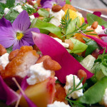 A Floral Peach & Chicken Salad with Tequila Honey Lime Vinaigrette ~ Sumptuous Spoonfuls #edible #flower #peach #chicken #salad #recipe