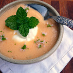 Chilled Mint Mango Cantaloupe Soup ~ Sumptuous Spoonfuls #dessert #smoothie #soup #recipe